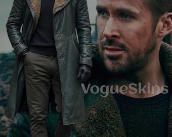 Puede incluir: Un abrigo largo de cuero gris oscuro con cuello de borrego. El abrigo se lleva con un suéter negro, pantalones marrones y guantes negros. La imagen también incluye el texto "VogueSkins".