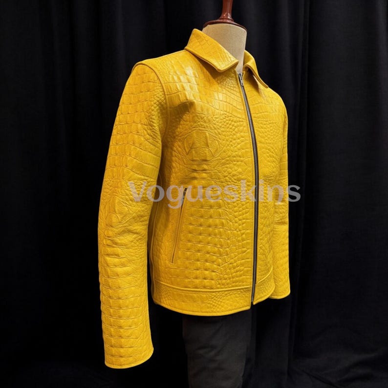 Mens Luxury Crocodile Embossed Leather Jacket Cowhide Leather Jacket | Yellow Genuine Leather| Handmade Designer Outerwear Motorcycle Jacket
