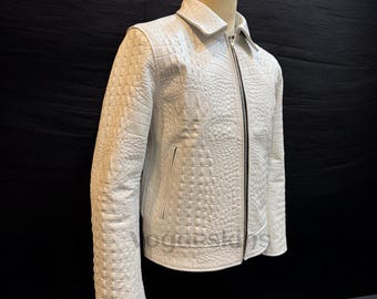 Crocodile Embossed Leather Jacket Mens White Leather Jacket Crocodile Print Jacket Alligator Embossed Luxury Leather Motorcycle Jacket