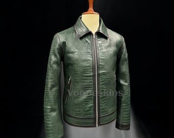 Mens Green Crocodile Embossed Leather Jacket | Handmade Cowhide Motorcycle Outerwear