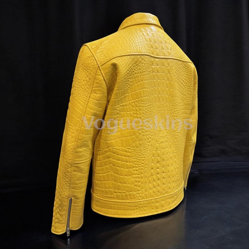 Mens Luxury Crocodile Embossed Leather Jacket Cowhide Leather Jacket | Yellow Genuine Leather| Handmade Designer Outerwear Motorcycle Jacket