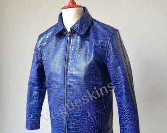Crocodile Embossed Leather Jacket Mens Blue Leather Jacket Crocodile Print Jacket Alligator Embossed Luxury Leather Motercycle Jacket
