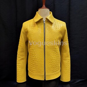 Mens Luxury Crocodile Embossed Leather Jacket Cowhide Leather Jacket | Yellow Genuine Leather| Handmade Designer Outerwear Motorcycle Jacket