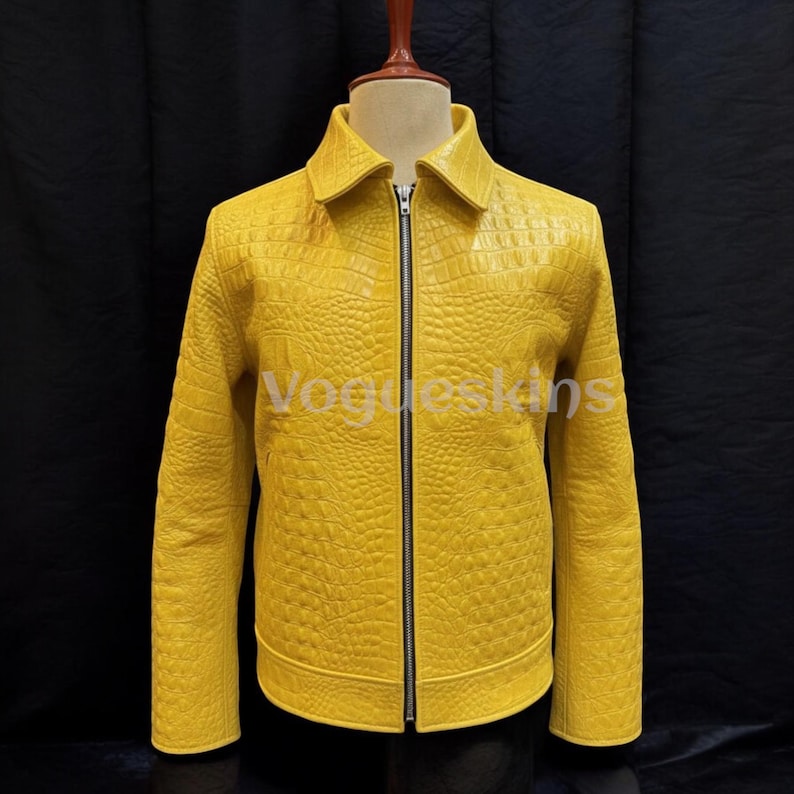 Mens Luxury Crocodile Embossed Leather Jacket Cowhide Leather Jacket | Yellow Genuine Leather| Handmade Designer Outerwear Motorcycle Jacket