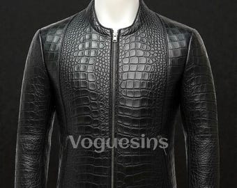 Krokodil geprägte schwarze Lederjacke Exotischer Look Krokodil-Print Schwarze Motorradjacke Luxus-Bikerjacke Alligator geprägte Jacke
