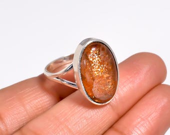 Natural Orange Sunstone Ring 925 Sterling Silver Split Band Handmade Solitaire Simple Ring Statement Large Oval Flashy Stone Healing Ring