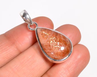Natural Orange Sunstone Teardrop Pendant: 925 Sterling Silver Handmade Jewelry