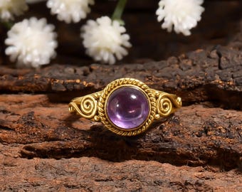 Purple Amethyst Gold Ring, Natural Gemstone Ring, 925 Sterling Silver Yellow Gold Plated Ring, Statement Ring, Wedding Gift Jewelry Women