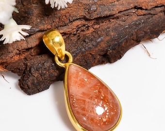 Sunstone Pendant 925 Sterling Silver Necklace 18k Yellow Gold Plated Pendant Natural Gemstone Jewelry Vintage Pendant Gift for Women Wife