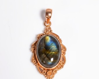 Large Oval Natural Labradorite Stone Pendant, 925 Sterling Silver Pendant, Rose Gold Plated Pendant Necklace, Large Pendant for Men & Women