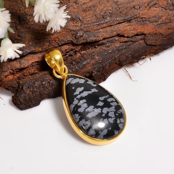 Colgante de obsidiana natural de copo de nieve, collar chapado en oro amarillo de 18 k, joyería bohemia, colgante de plata de ley 925, regalo para ella