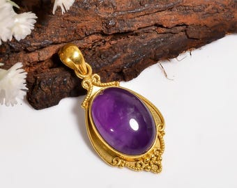 Purple Amethyst Pendant, Natural Stone Pendant, 925 Sterling Silver Jewelry, 18k Yellow Gold Plated, Statement Necklace, Gift for Wife
