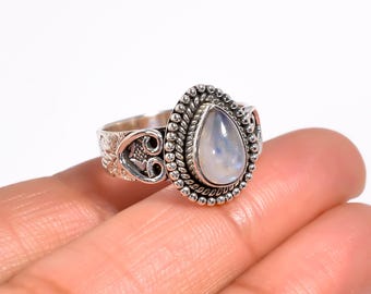 Handcrafted Sterling Silver Rainbow Moonstone Ring, Teardrop Boho Ring