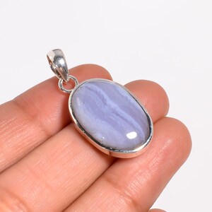 Blue Lace Agate Gemstone Pendant, 925 Sterling Silver Pendant, Large Stone Simple Pendant, Handmade Dangle Pendant, Birthday Gift for Her