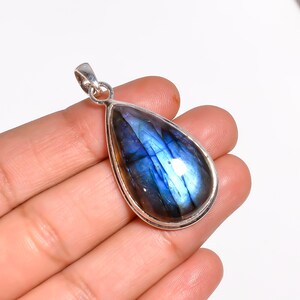 Natural Blue Labradorite Pear Pendant: 925 Sterling Silver Bezel Setting, Large Cabochon Necklace
