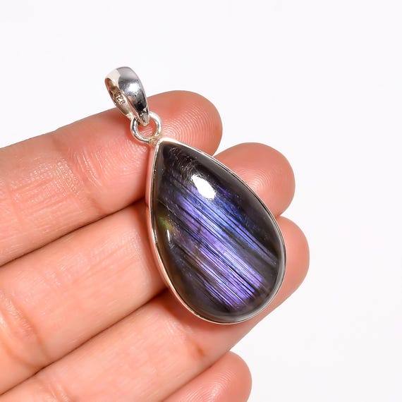 Natural Purple Labradorite Pendant: Sterling Silver Teardrop