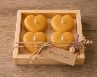 Noces de cire | 4 bougies cœur en cire d'abeille | cadeau 4 ans de mariage | coffret personnalisé fait main, lot de bougies cœur