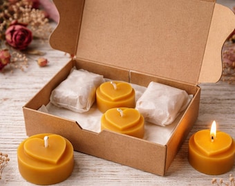 Heart-shaped beeswax tealights – 6 handmade candles, natural & romantic Valentine's Day gift – beeswax candle set