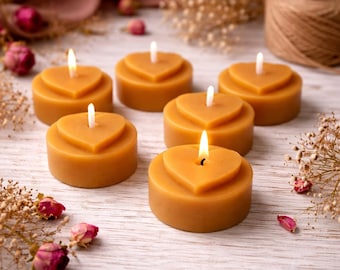 Heart-shaped beeswax tealights – 6 handmade candles, natural & romantic Valentine's Day gift – beeswax candle set