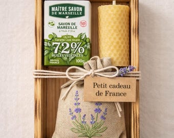 Kleines Geschenk aus Frankreich, Geschenkbox im französischen Landhausstil, Lavendelsäckchen, Seife aus Marseille, Bienenwachskerze