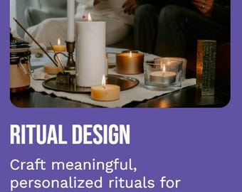 May include: A collection of candles, incense, and a book are arranged on a table. The scene includes a large white pillar candle, several smaller candles, and a metal tray. The text "RITUAL DESIGN" is displayed.
