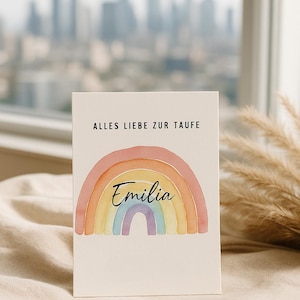 Tarjeta de bautizo personalizada con arcoíris (nombre y texto deseado), tamaño A6, impresa con cariño y alta calidad, regalo de bautizo.