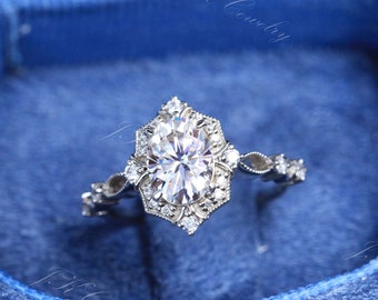 VVS Moissanite Engagement Ring Vintage 14K White Gold Ring, Unique Moissanite Ring, 6x8mm Oval Engagement Ring, Art Deco Ring Promise Ring