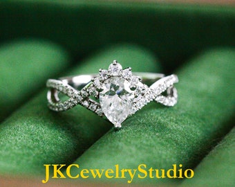 Moissanite Engagement Ring Unique Pear Cut VVS Clarity Moissanite Ring Art Deco Crown Style Wedding Ring Promise White Gold Rings For Women