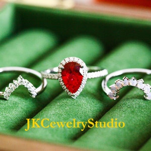 Ruby Engagement Ring Set White Gold Crown 2.5ct Pear Cut Ruby Ring Set Unique Wedding Ring Art Deco Ring For Women Promise Ring Bridal Set image 6