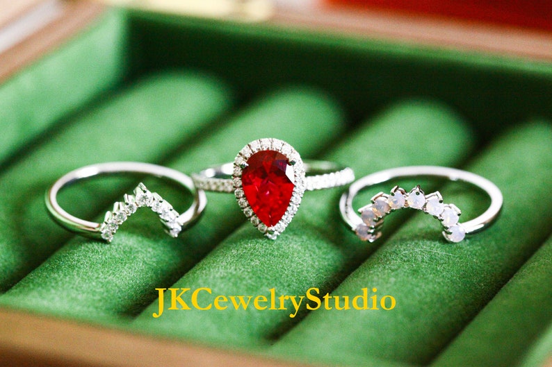 Ruby Engagement Ring Set White Gold Crown 2.5ct Pear Cut Ruby Ring Set Unique Wedding Ring Art Deco Ring For Women Promise Ring Bridal Set image 6