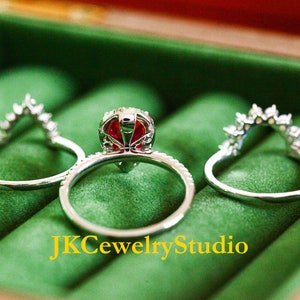 Ruby Engagement Ring Set White Gold Crown 2.5ct Pear Cut Ruby Ring Set Unique Wedding Ring Art Deco Ring For Women Promise Ring Bridal Set image 7