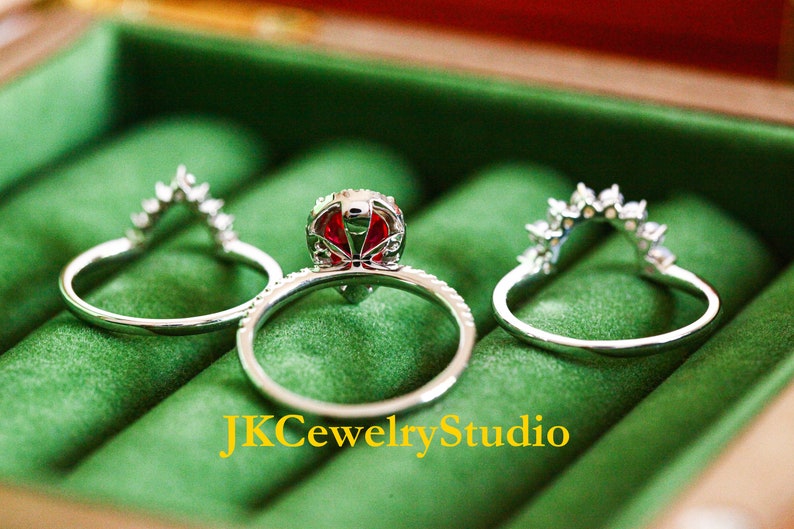 Ruby Engagement Ring Set White Gold Crown 2.5ct Pear Cut Ruby Ring Set Unique Wedding Ring Art Deco Ring For Women Promise Ring Bridal Set image 7