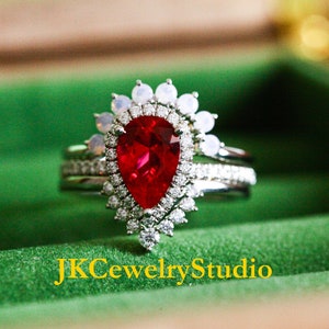 Ruby Engagement Ring Set White Gold Crown 2.5ct Pear Cut Ruby Ring Set Unique Wedding Ring Art Deco Ring For Women Promise Ring Bridal Set image 3