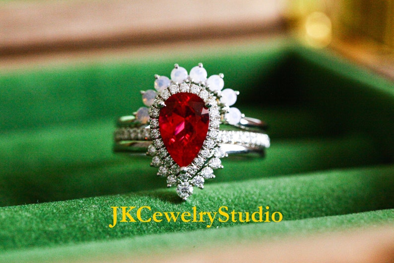 Ruby Engagement Ring Set White Gold Crown 2.5ct Pear Cut Ruby Ring Set Unique Wedding Ring Art Deco Ring For Women Promise Ring Bridal Set image 3