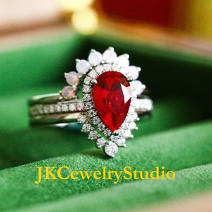 Ruby Engagement Ring Set White Gold Crown 2.5ct Pear Cut Ruby Ring Set Unique Wedding Ring Art Deco Ring For Women Promise Ring Bridal Set image 4