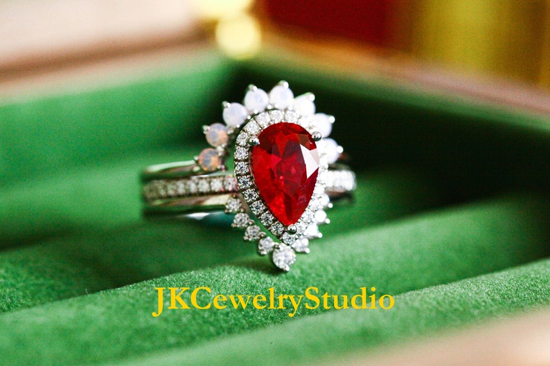 Ruby Engagement Ring Set White Gold Crown 2.5ct Pear Cut Ruby Ring Set Unique Wedding Ring Art Deco Ring For Women Promise Ring Bridal Set image 4