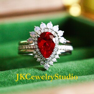 Ruby Engagement Ring Set White Gold Crown 2.5ct Pear Cut Ruby Ring Set Unique Wedding Ring Art Deco Ring For Women Promise Ring Bridal Set image 2