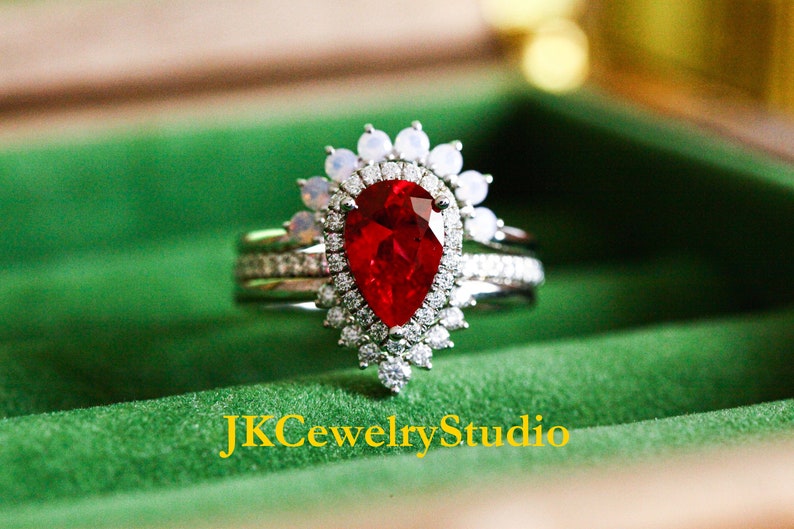 Ruby Engagement Ring Set White Gold Crown 2.5ct Pear Cut Ruby Ring Set Unique Wedding Ring Art Deco Ring For Women Promise Ring Bridal Set image 2