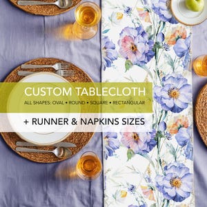 Blue Floral Canvas Farmhouse Tablecloth: Rustic Watercolor Style, Custom Size
