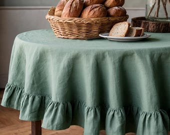 May include: A round, sage green tablecloth with a ruffled edge. A woven basket filled with loaves of bread sits on the table. Two slices of bread are on a small plate. A glass vase with branches is in the background.