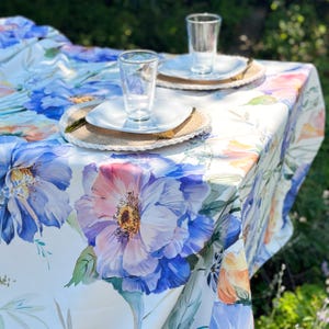 Blue Floral Farmhouse Tablecloth: Rustic Watercolor Style, Custom Size