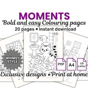 Pode incluir: Um conjunto de páginas para colorir com o texto "MOMENTS" e "Bold and easy Colouring pages". As páginas apresentam ilustrações fantasiosas, incluindo um gato em um banheiro, e estão disponíveis para download instantâneo em formato PDF.