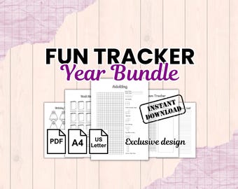 May include: A digital bundle of printable tracking sheets titled FUN TRACKER Year Bundle, featuring various grids and lists for organisation. The set includes PDF, A4, and US Letter formats, with an instant download stamp and exclusive design text.