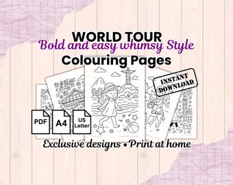 Könnte beinhalten: Eine Sammlung von schwarz-weißen Ausmalbildern mit dem Titel WORLD TOUR Bold and easy whimsy Style Colouring Pages. Die Blätter zeigen Strichzeichnungen von weltweiten Wahrzeichen, darunter eine Strandszene mit der Christusstatue.