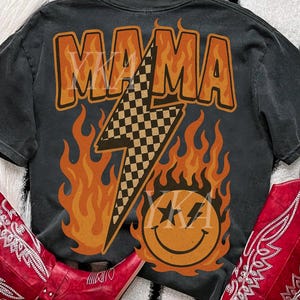 Retro Mama Shirt, Trendy Mama Sublimation, Flame Smiley Lightning Bolt Png, Checkered Vintage Mama, Boho Western Aesthetic, Preppy Mama Png