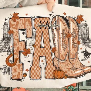 May include: A white fabric featuring the word "FALL" in large letters, decorated with autumn-themed graphics. The letters are filled with patterns of boots, cacti, and horseshoes. The design includes cowboy boots, pumpkins, and fall leaves.