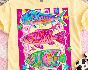 Preppy Stripes Fish Png, Girls Fishing Png, Colorful Fish Graphic, Summer Beach Fishing Design, Colorful Summer Shirt Png, Trendy Summer Png