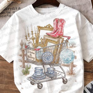 I’d Rather Be Thrifting PNG, Preppy Thrift Cart Quote Design, Western Png, Vintage Shopping Lover Sublimation, Retro Resale Digital Download image 1