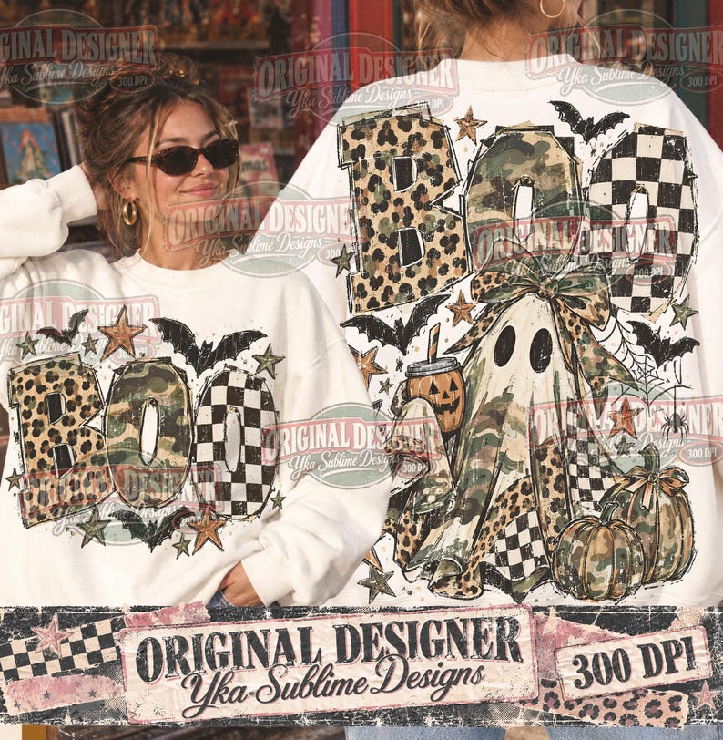 May include: A white long-sleeve sweatshirt featuring a graphic print with the word BOO in leopard, camouflage, and checkered patterns. The design includes a ghost wearing a bow, pumpkins, bats, stars, and spiderwebs in a festive Halloween theme.