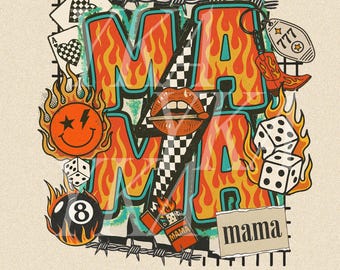Western Mama Png Design, Mama Sublimation Designs, Retro Western Sticker, Flaming 8 Ball Cherry Dice, Country Aesthetic Png, Trendy Western